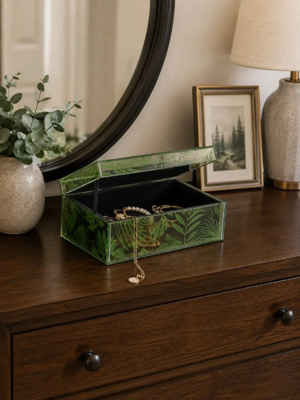 Mirrored Green Leaf Jewelry Box - Picture 2 of 4
